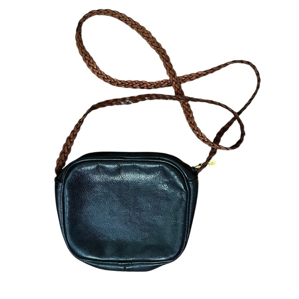 L.J. Simone Genuine Leather Black Crossbody Bag with brown braided strap